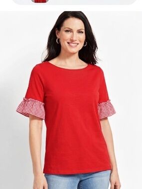 Talbots 1X Red Short Sleeve Pima cotton Tee with Gingham Ruffle Sleeves bow tie